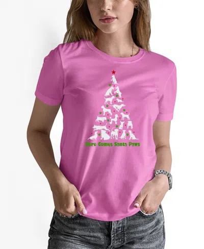 La Pop Art Women's Here Comes Santa Paws Word Art Crew Neck T-shirt In Pink