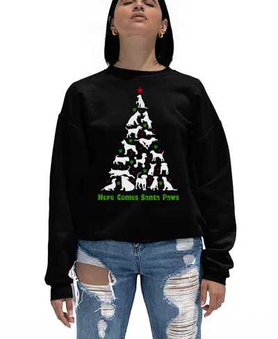 LA POP ART WOMEN'S HERE COMES SANTA PAWS WORD ART CREWNECK SWEATSHIRT