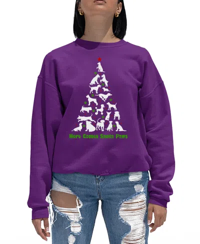 La Pop Art Women's Here Comes Santa Paws Word Art Crewneck Sweatshirt In Purple