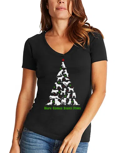 La Pop Art Women's Here Comes Santa Paws Word Art V-neck T-shirt In Black