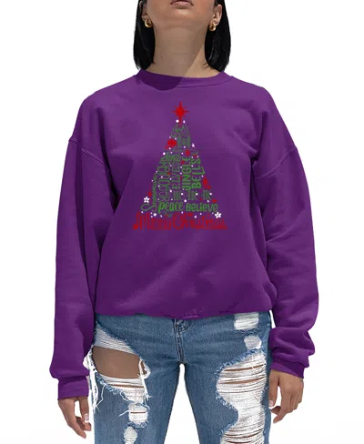 La Pop Art Women's Holiday Christmas Tree Word Art Crewneck Sweatshirt In Purple