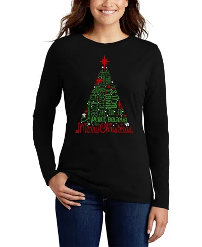 La Pop Art Women's Holiday Christmas Tree Word Art Flowy T-shirt In Black