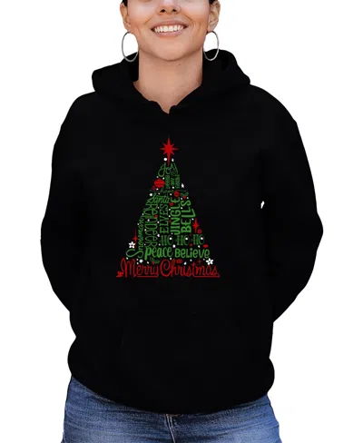 La Pop Art Women's Holiday Christmas Tree Word Art Hooded Sweatshirt In Black