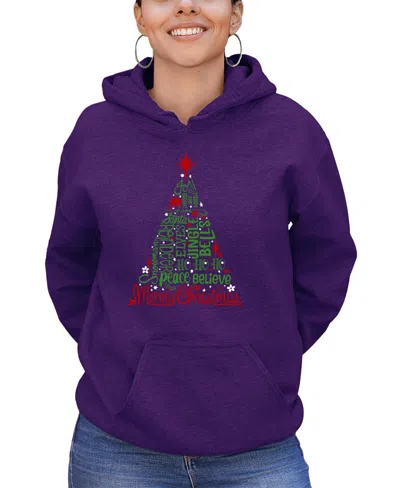 La Pop Art Women's Holiday Christmas Tree Word Art Hooded Sweatshirt In Purple