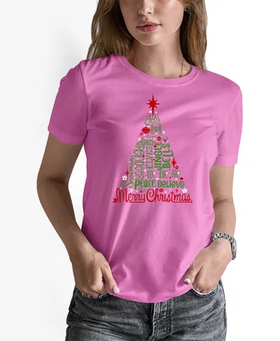 La Pop Art Women's Holiday Christmas Tree Word Art Pullover Top In Pink