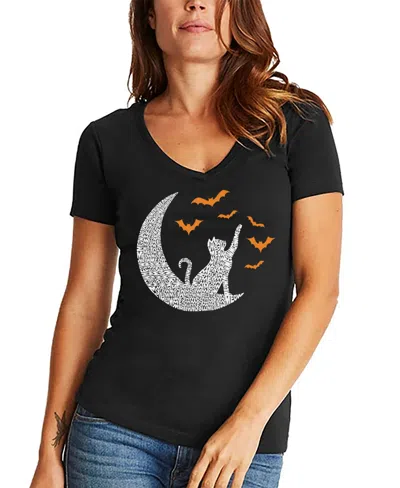 La Pop Art Women's Lunar Bats Word Art V-neck T-shirt In Black