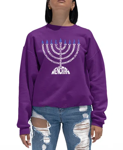 La Pop Art Women's Menorah Word Art Crewneck Sweatshirt In Purple