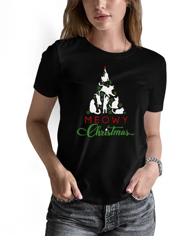 La Pop Art Women's Meowy Christmas Tree Word Art Crew Neck T-shirt In Black