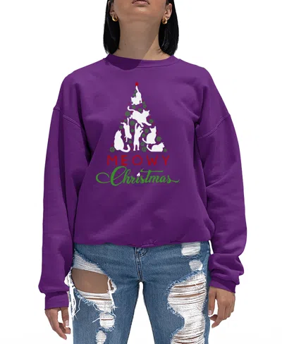 La Pop Art Women's Meowy Christmas Tree Word Art Crewneck Sweatshirt In Purple