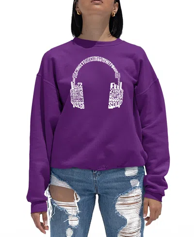 La Pop Art Women's Mood Headphones Word Art Crewneck Sweatshirt In Purple