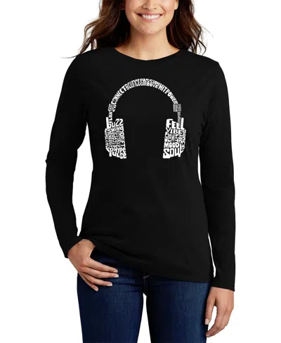 La Pop Art Women's Mood Headphones Word Art Flowy T-shirt In Black