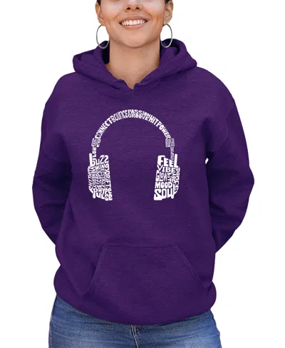 La Pop Art Women's Mood Headphones Word Art Hooded Sweatshirt In Purple