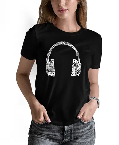 La Pop Art Women's Mood Headphones Word Art Pullover Top In Black