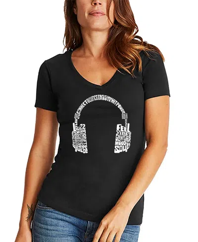 La Pop Art Women's Mood Headphones Word Art V-neck T-shirt In Black