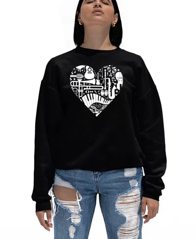 La Pop Art Women's Musical Instrument Heart Word Art Crewneck Sweatshirt In Black