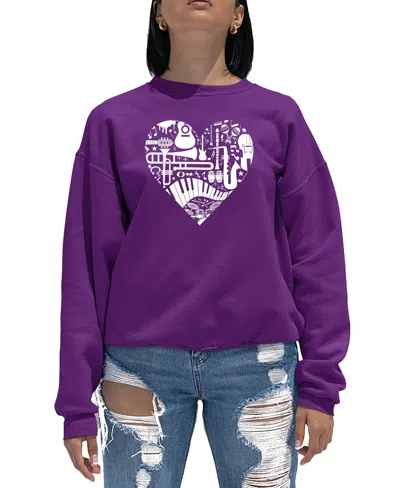 La Pop Art Women's Musical Instrument Heart Word Art Crewneck Sweatshirt In Purple