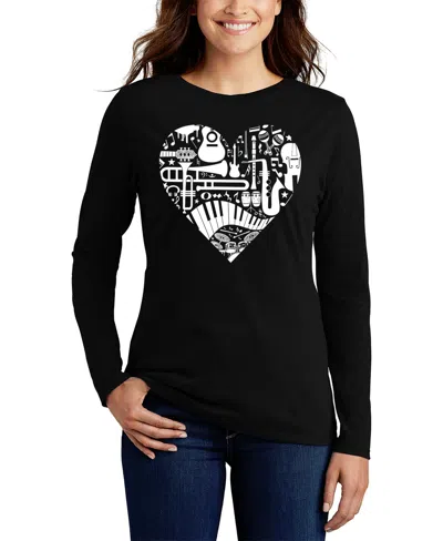 La Pop Art Women's Musical Instrument Heart Word Art Flowy T-shirt In Black
