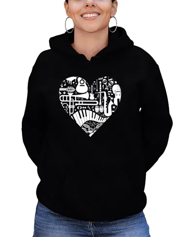 La Pop Art Women's Musical Instrument Heart Word Art Hooded Sweatshirt In Black