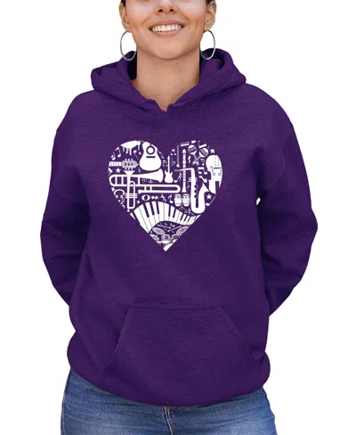 La Pop Art Women's Musical Instrument Heart Word Art Hooded Sweatshirt In Purple