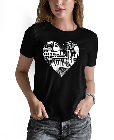 La Pop Art Women's Musical Instrument Heart Word Art Pullover Top In Black