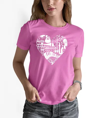 La Pop Art Women's Musical Instrument Heart Word Art Pullover Top In Pink
