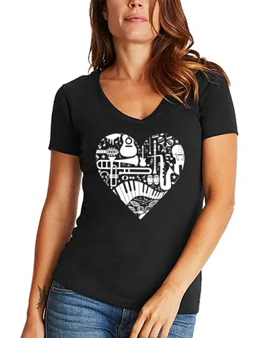 La Pop Art Women's Musical Instrument Heart Word Art V-neck T-shirt In Black