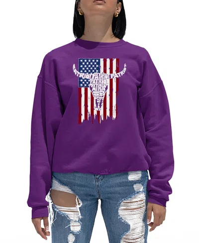 La Pop Art Women's Patriot Flag Word Art Crewneck Sweatshirt In Purple