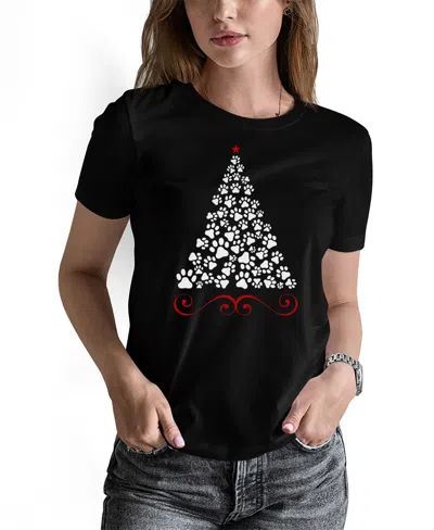 La Pop Art Women's Paw Christmas Tree Art Crew Neck T-shirt In Black