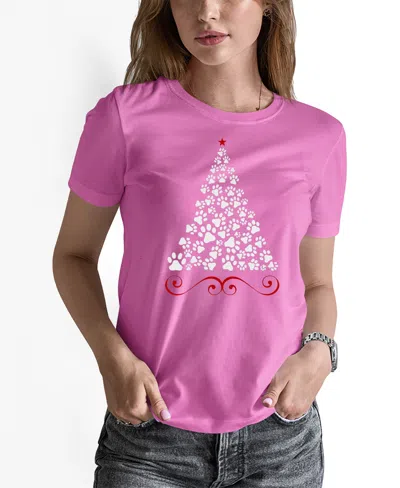 La Pop Art Women's Paw Christmas Tree Art Crew Neck T-shirt In Pink