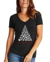 La Pop Art Women's Paw Christmas Tree Word Art V-neck T-shirt In Black