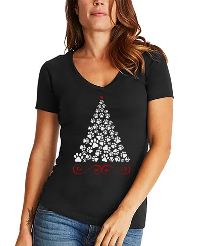 La Pop Art Women's Paw Christmas Tree Word Art V-neck T-shirt In Black