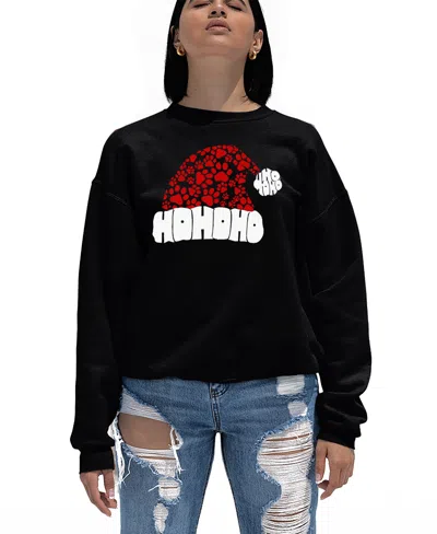 La Pop Art Women's Paw Print Santa Hat Word Art Crewneck Sweatshirt In Black