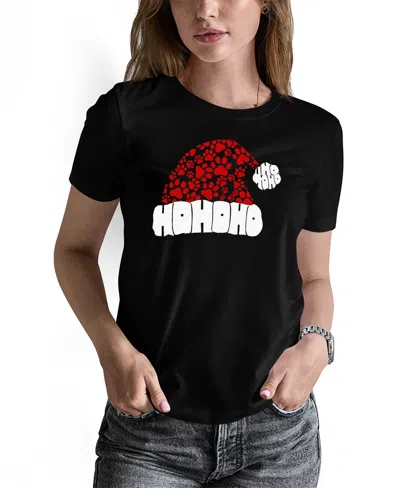 La Pop Art Women's Paw Print Santa Hat Word Art Pullover Top In Black
