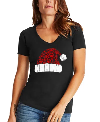 La Pop Art Women's Paw Print Santa Hat Word Art V-neck T-shirt In Black