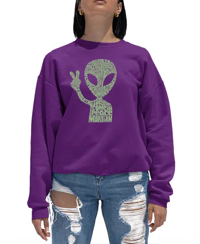 La Pop Art Women's Peace Alien Word Art Crewneck Sweatshirt In Purple