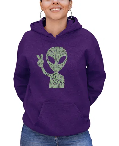 La Pop Art Women's Peace Alien Word Art Hooded Sweatshirt In Purple