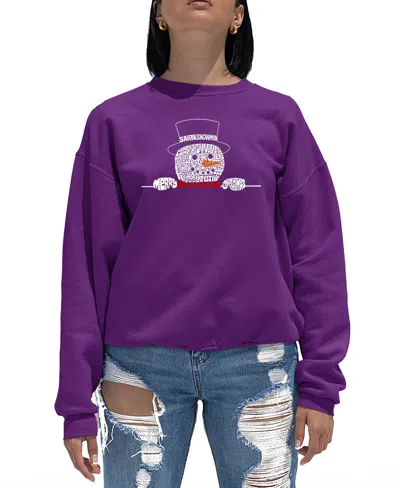 La Pop Art Women's Peeking Snowman Word Art Crewneck Sweatshirt In Purple