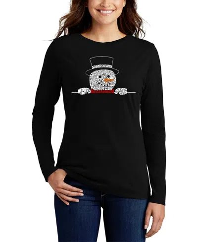 La Pop Art Women's Peeking Snowman Word Art Flowy T-shirt In Black