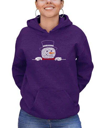 La Pop Art Women's Peeking Snowman Word Art Hooded Sweatshirt In Purple