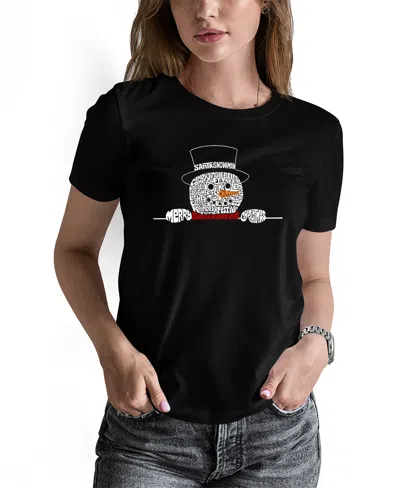 La Pop Art Women's Peeking Snowman Word Art Pullover Top In Black