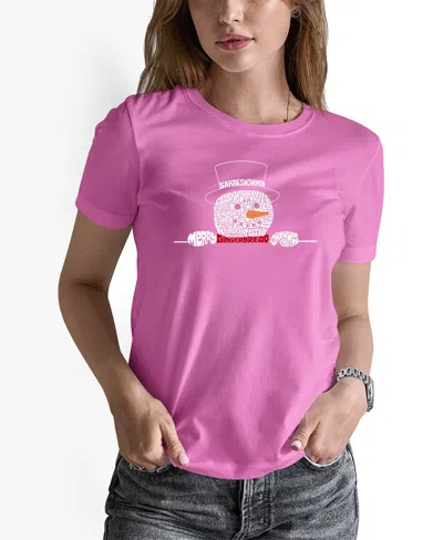 La Pop Art Women's Peeking Snowman Word Art Pullover Top In Pink