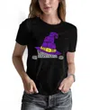 La Pop Art Women's Peeking Witch Cat Word Art Crew Neck T-shirt In Black