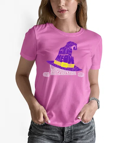 La Pop Art Women's Peeking Witch Cat Word Art Crew Neck T-shirt In Pink