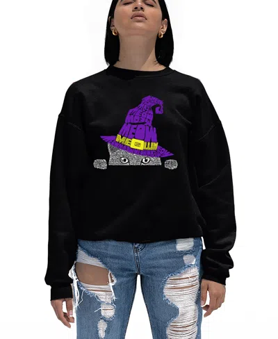 La Pop Art Women's Peeking Witch Cat Word Art Crewneck Sweatshirt In Black