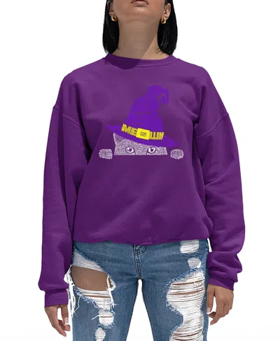 La Pop Art Women's Peeking Witch Cat Word Art Crewneck Sweatshirt In Purple