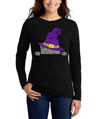 La Pop Art Women's Peeking Witch Cat Word Art Long Sleeve T-shirt In Black