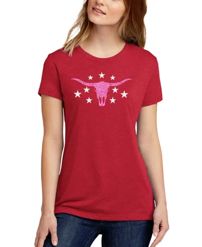 La Pop Art Women's Premium Blend Cowgirl Cowskull Word Art T-shirt In Red