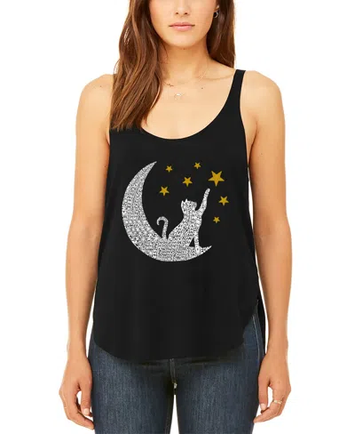 La Pop Art Women's Premium Word Art Cat Moon Flowy Tank Top In Black