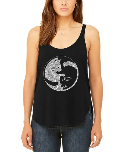 La Pop Art Women's Premium Yin Yang Cat Word Art Flowy Tank Top In Black