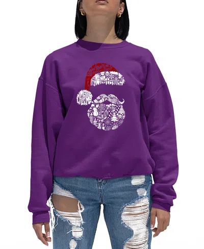 La Pop Art Women's Santa Pics Word Art Crewneck Sweatshirt In Purple